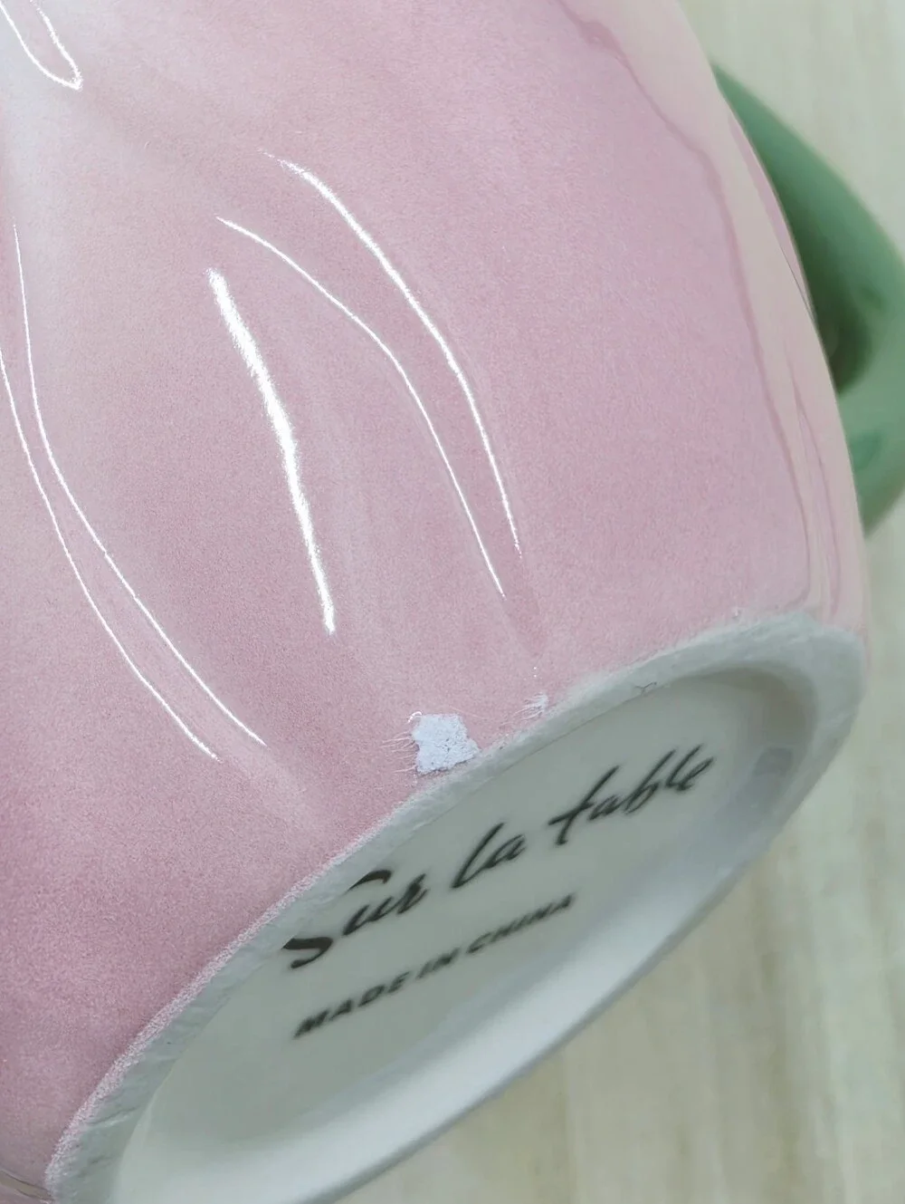 Sur La Table Pink Tulip Stoneware Figural Coffee Tea Mug Green Handle